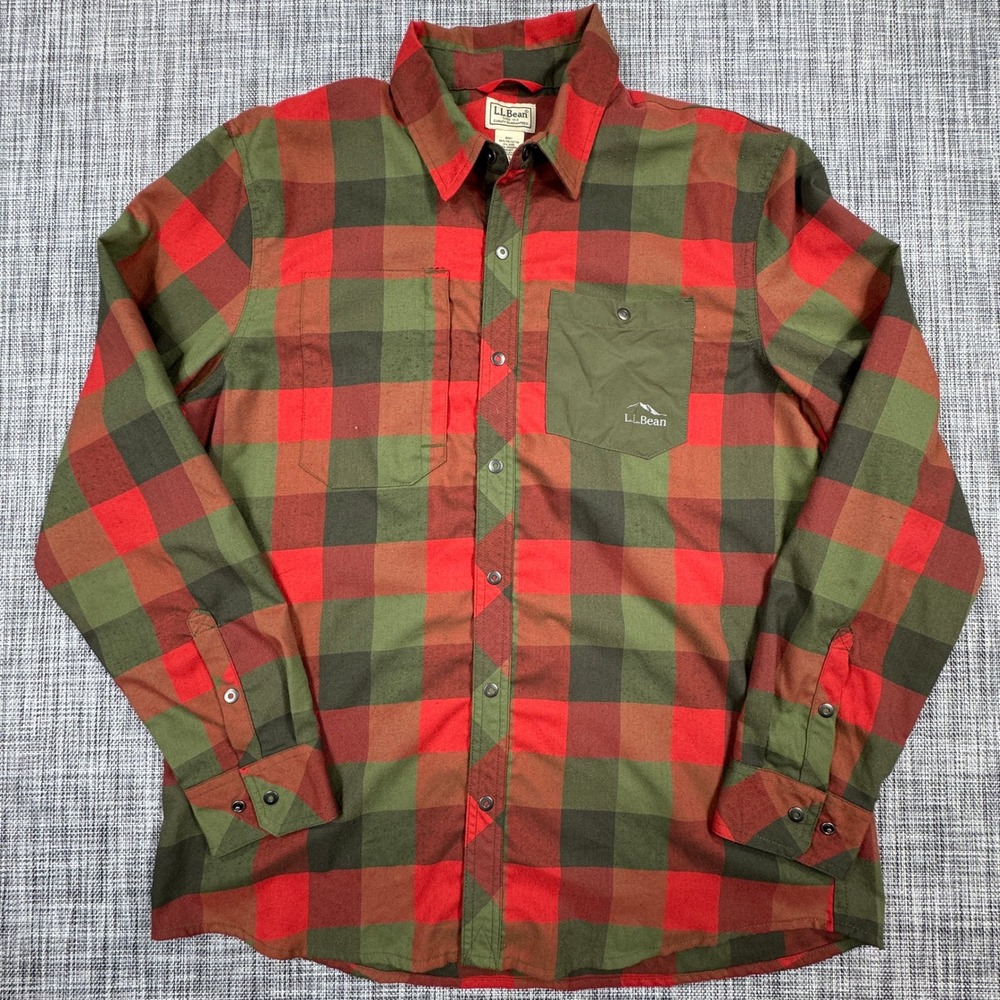 LL Bean Mens L Red Green Plaid Snap Front Shirt Wool Blend Stretch Long Sleeve